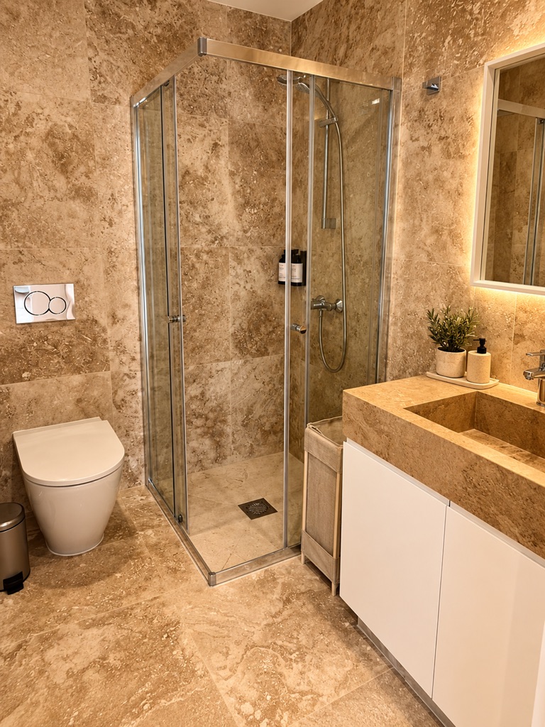 Stone-tiled bathroom with glass shower, WC and vanity at Avalon Gardens A106