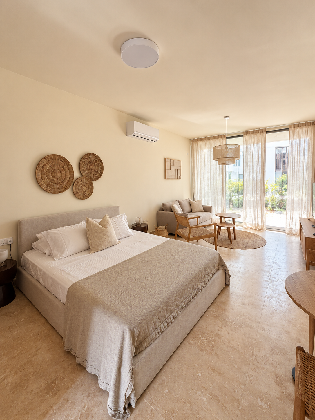 Boho-inspired open-plan studio with upholstered bed, woven wall art, lounge area, dining table and bright terrace doors at Avalon Gardens A001 in Paphos