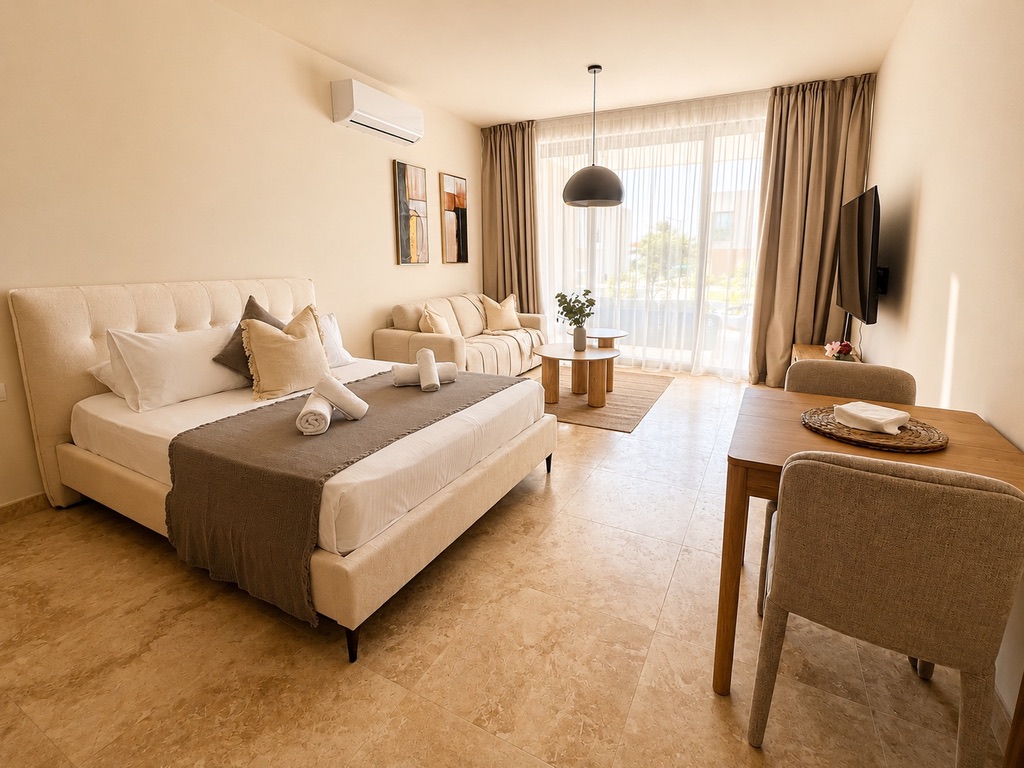 Open-plan ground-floor studio with queen bed, sofa and dining table at Avalon Gardens A008 in Paphos