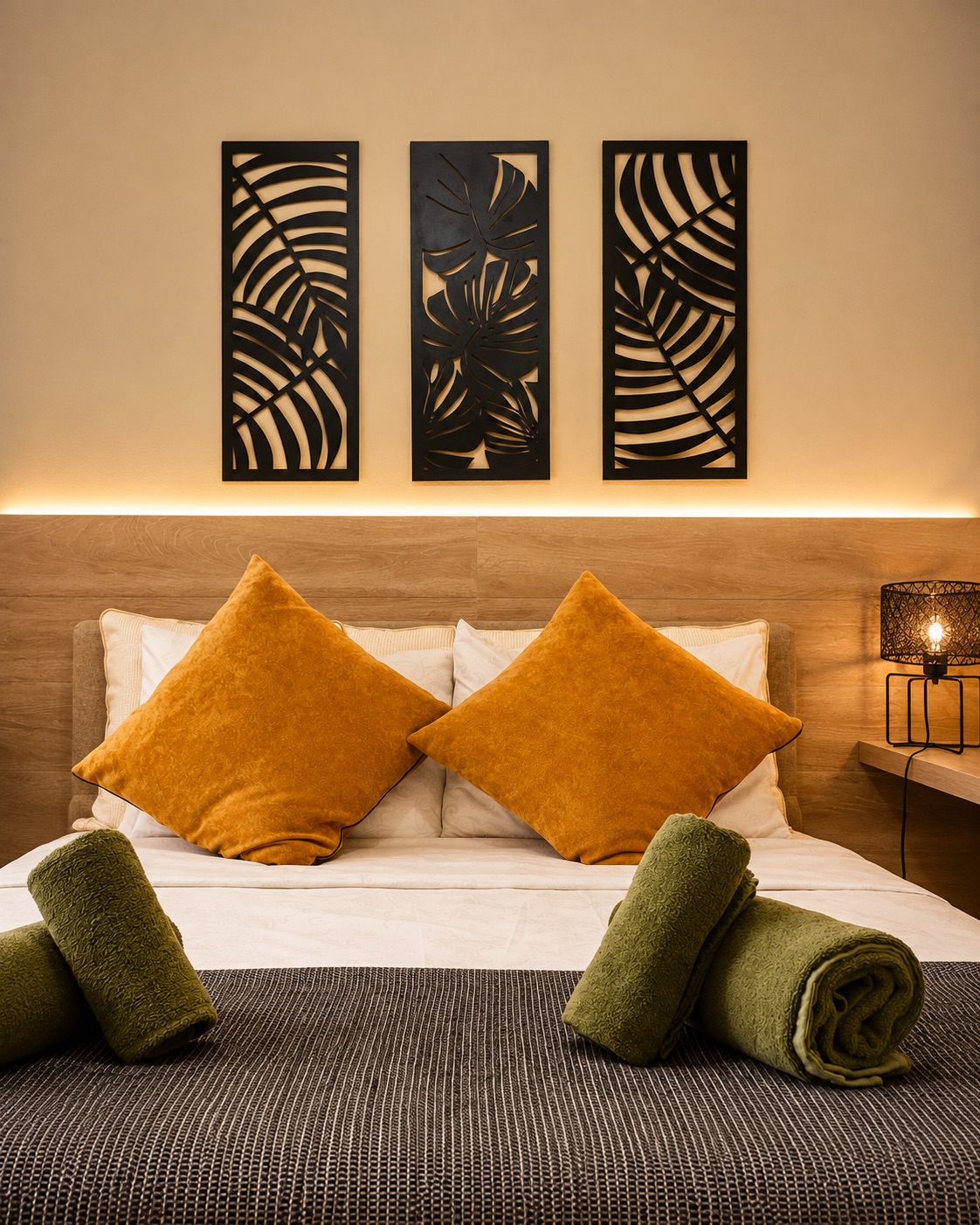 Double bed and warm bedside lighting at SeaGarden Hideaway