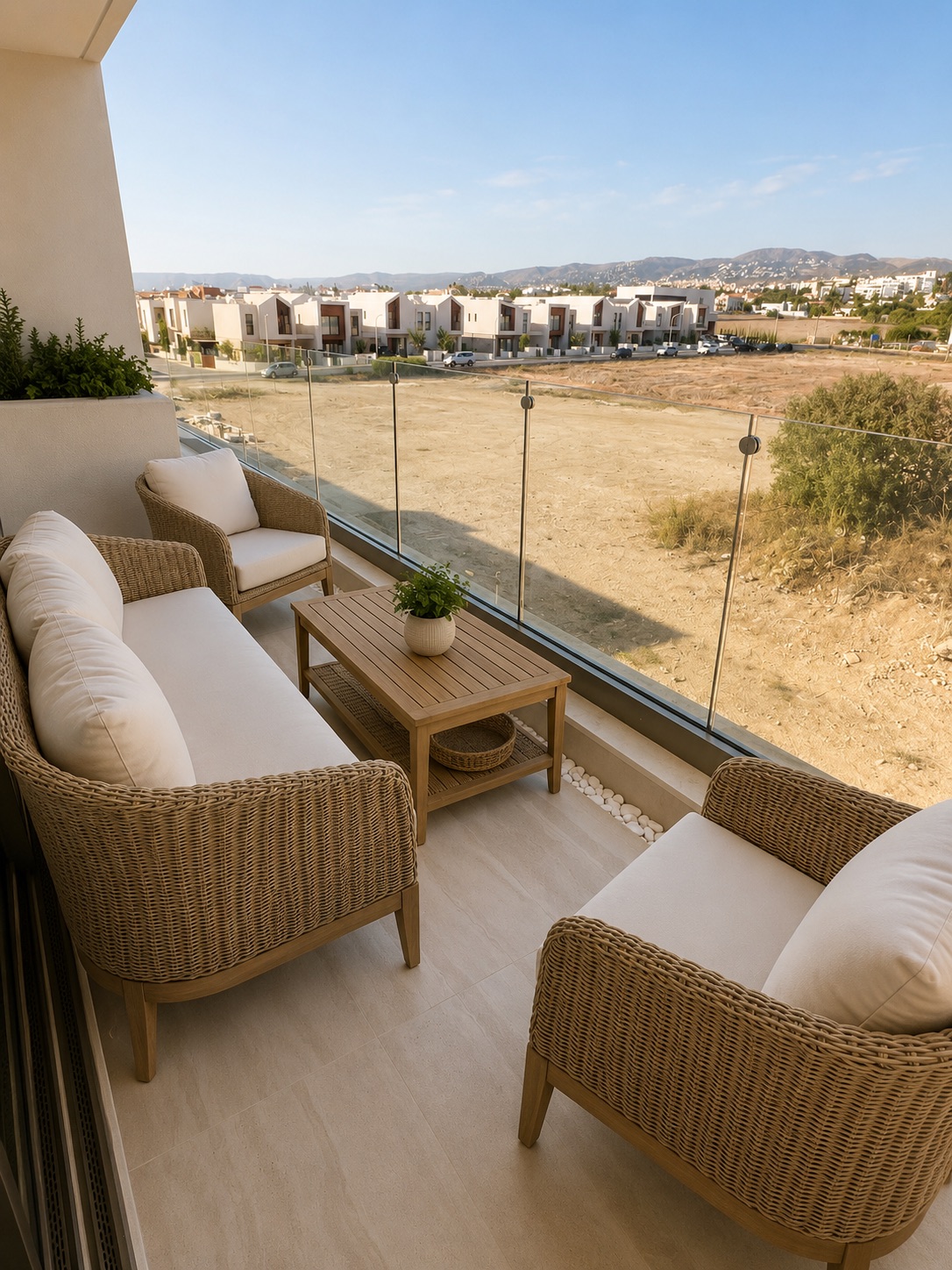 Private balcony with outdoor sofa, chairs, table and view at Avalon Gardens B201 in Paphos