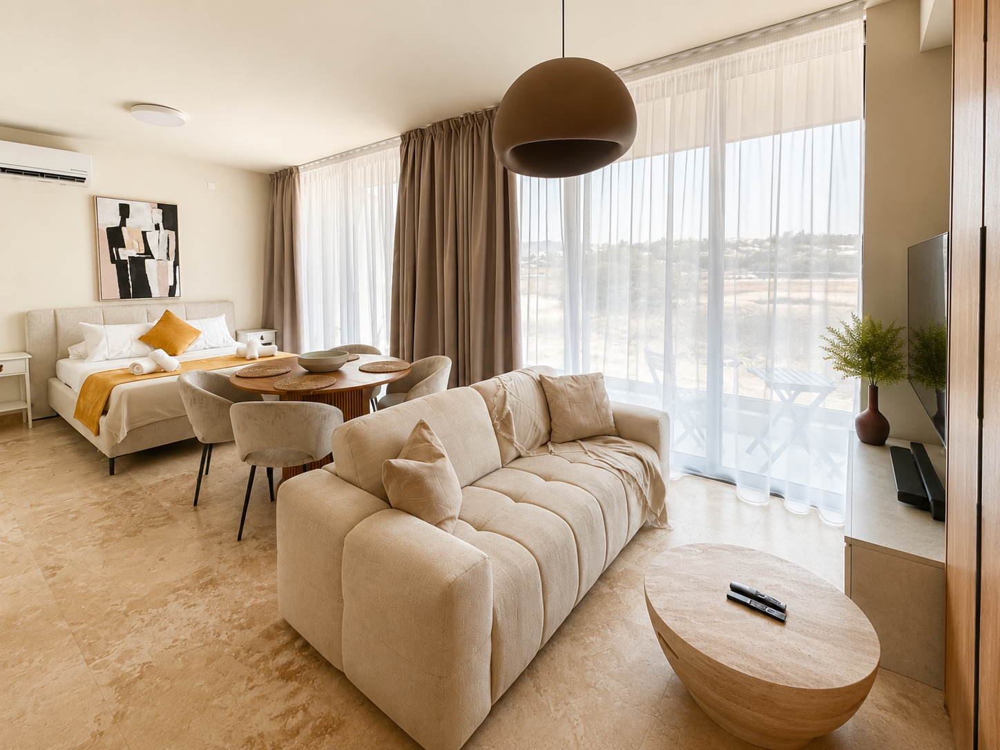 Bright studio with living area, dining table and queen bed at Avalon Gardens B101 in Paphos