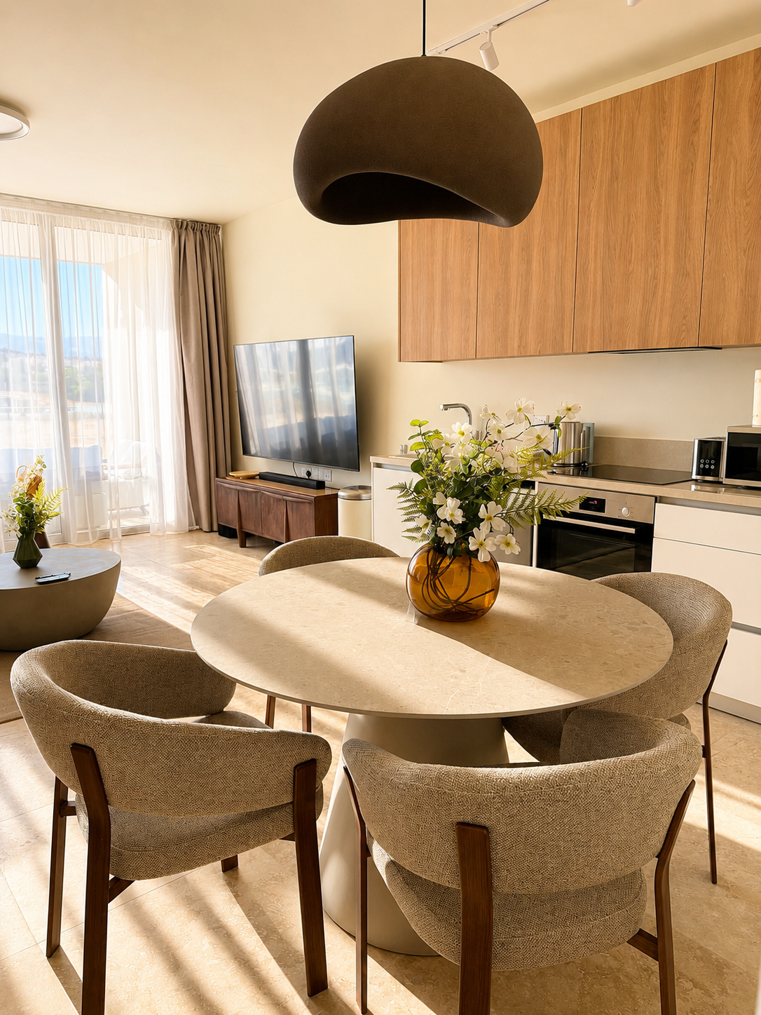 Open-plan kitchen, dining area and Smart TV at Avalon Gardens A202