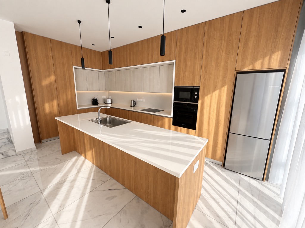 Fully equipped kitchen with large island, wood cabinetry, integrated appliances, refrigerator, coffee machine and kettle at Harmony Residence Villa 12