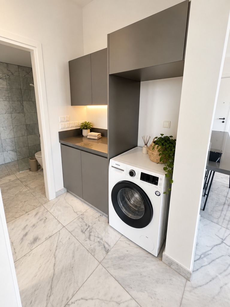 Laundry and utility area with washing machine and storage at Stay City 301