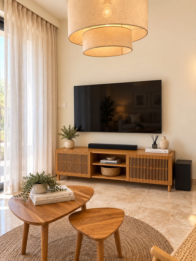Living area detail with wall-mounted Smart TV, wooden console and coffee tables at Avalon Gardens A001