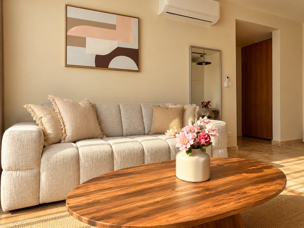 Textured cream sofa, round wooden coffee table and abstract artwork in the living area at Avalon Gardens A106