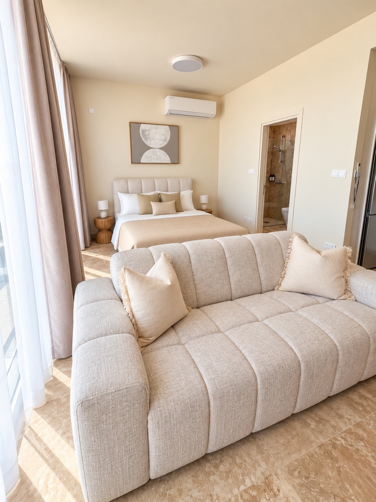 Avalon Gardens B102 sleeping and living view with sofa in the foreground, bed and bathroom doorway
