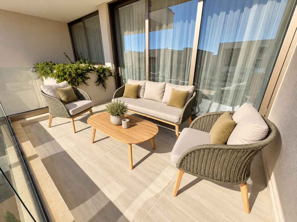 Furnished private balcony with woven sofa, armchairs and wooden coffee table at Avalon Gardens A106