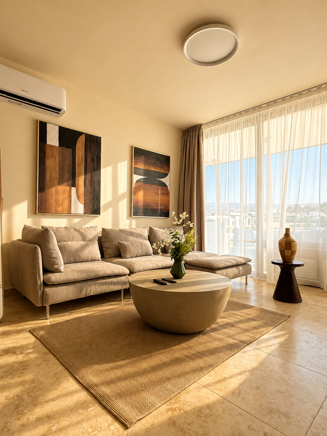 Sunlit living room with sectional sofa at Avalon Gardens A202