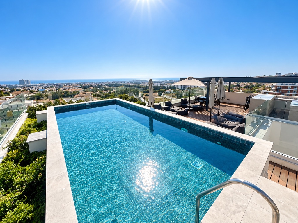 Rooftop pool with Paphos and sea views at Stay City 301
