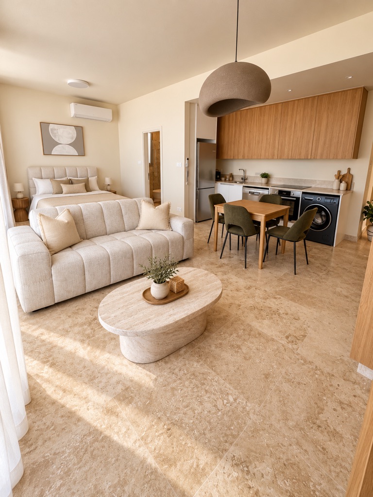 Avalon Gardens B102 bright studio perspective with sofa, bed, dining table and full kitchen