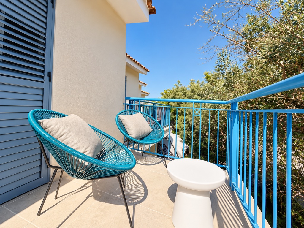 Sunny balcony with turquoise chairs and sea-blue railing at Paradise Gardens Villa 30