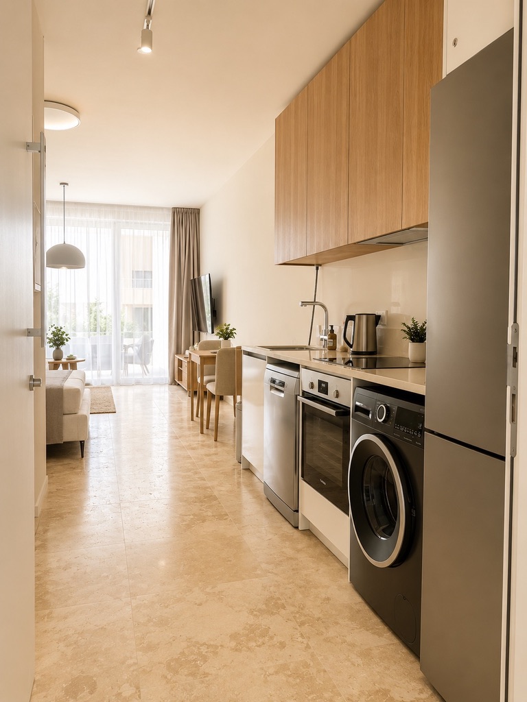 Fully equipped kitchen with oven, dishwasher and washing machine at Avalon Gardens A008