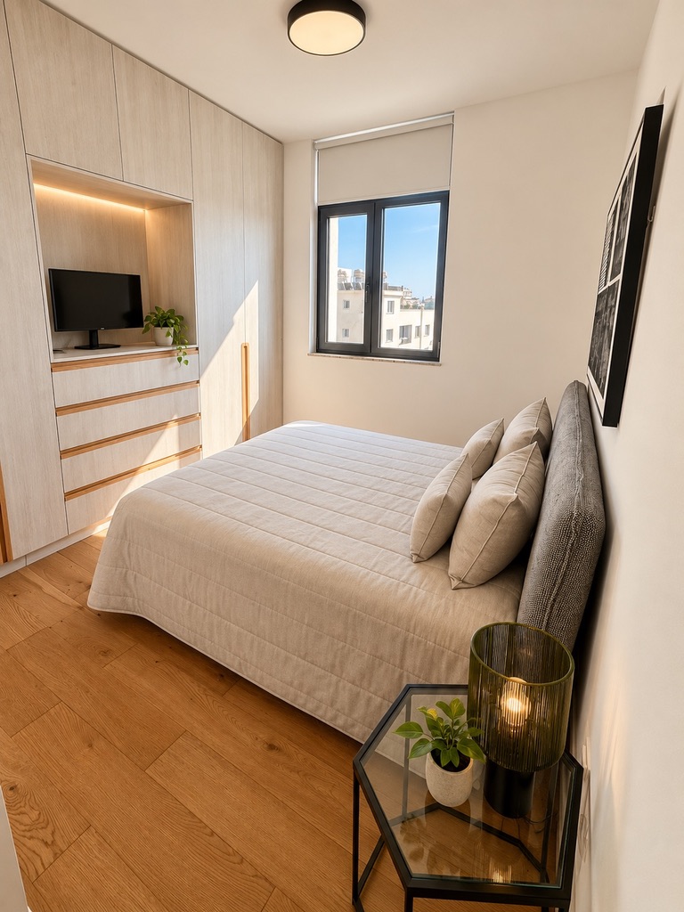 Second bedroom with integrated TV and wardrobe wall at Stay City 301