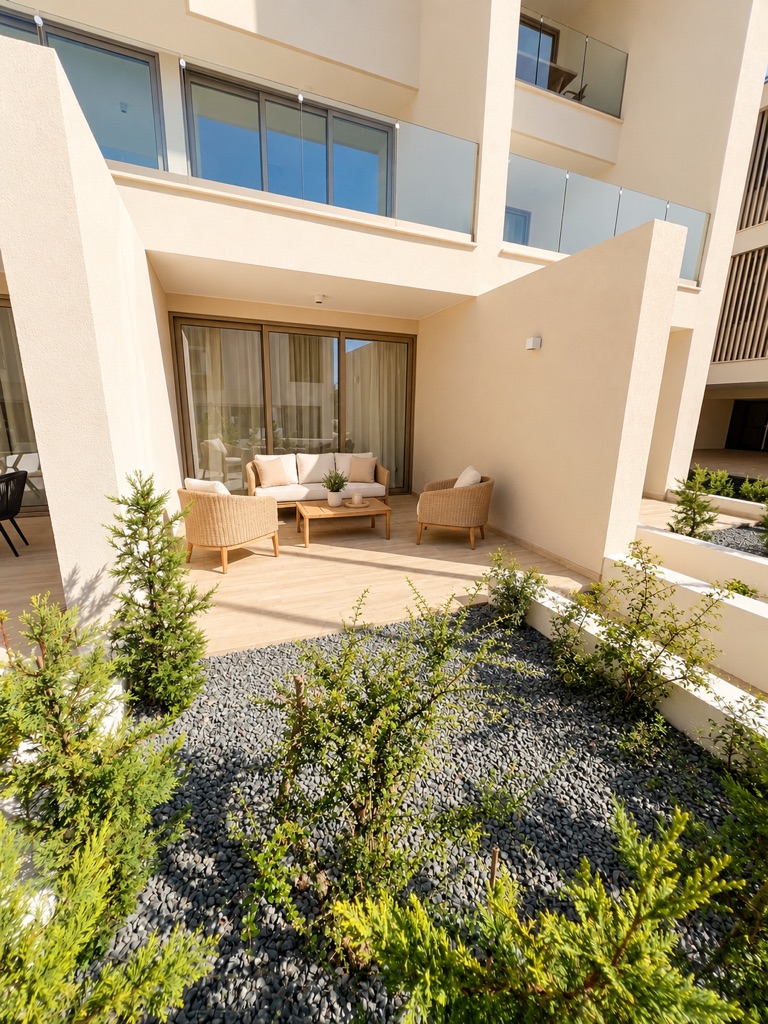 Avalon Gardens A007 terrace exterior with sliding doors and landscaped garden