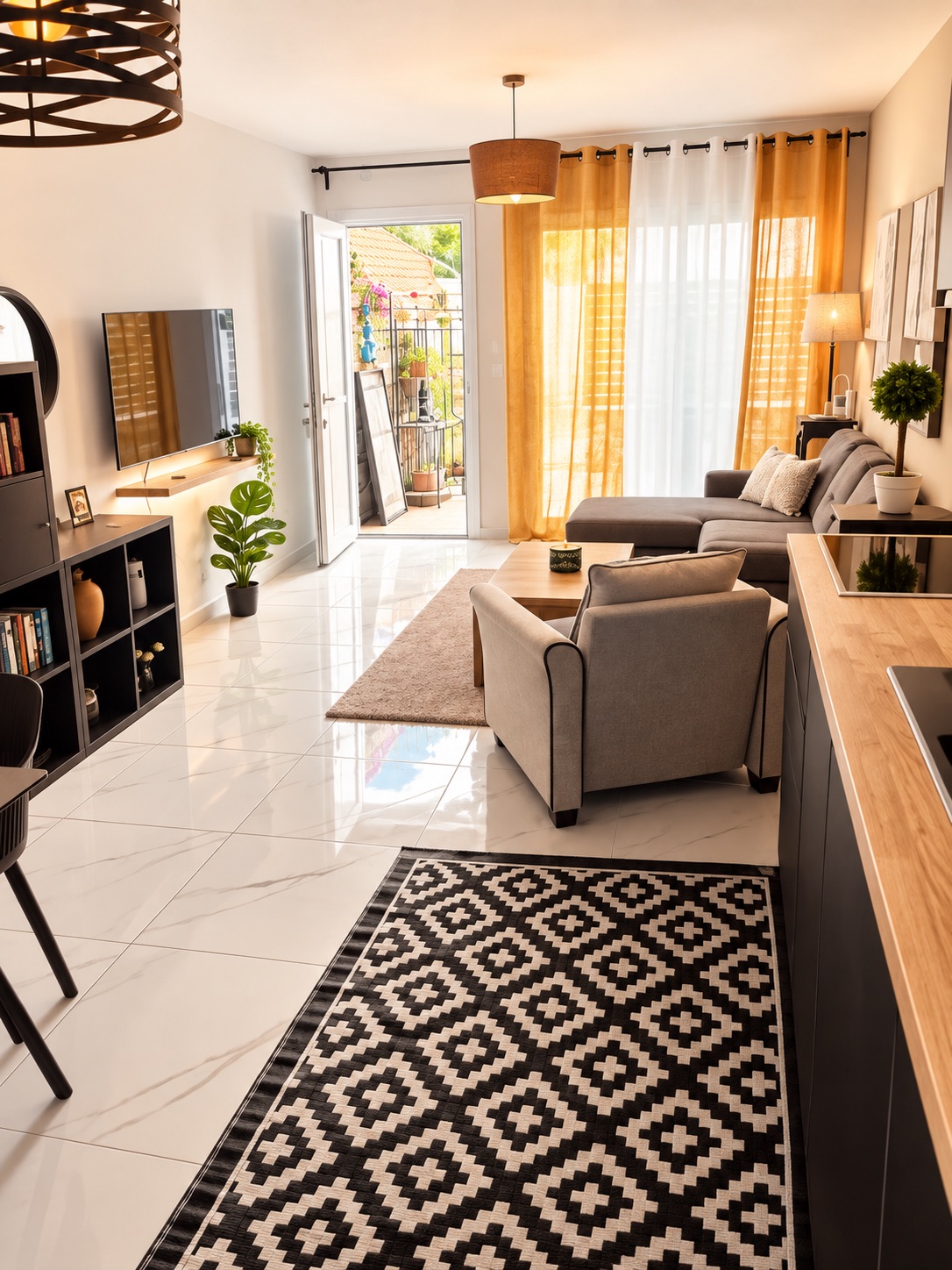Bright open-plan living room with terrace access at SeaGarden Hideaway in Paphos