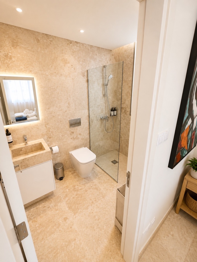 Modern bathroom with walk-in shower at Avalon Gardens B201
