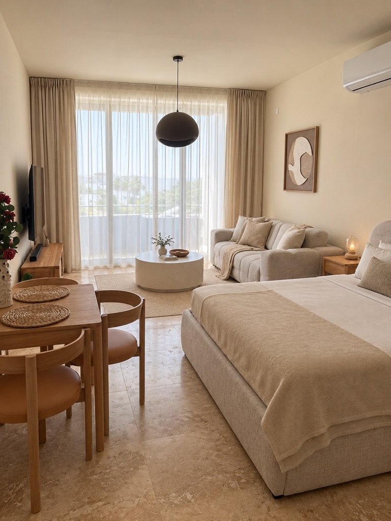 Avalon Gardens A007 second studio view with bed, sofa and terrace light