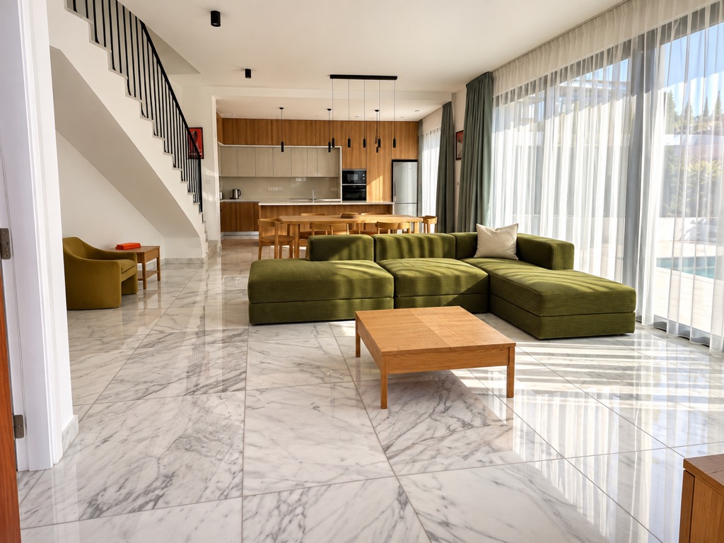 Open-plan living area with green sectional sofa, dining space, kitchen and glazed doors overlooking the pool at Harmony Residence Villa 12