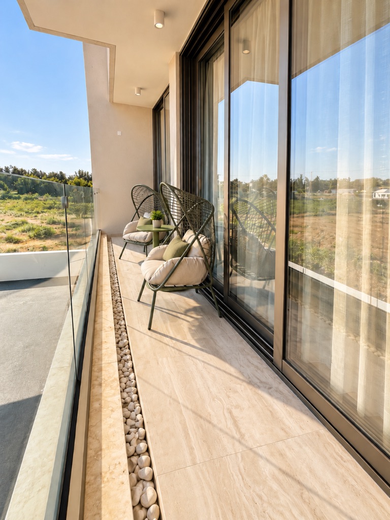Avalon Gardens B102 furnished private balcony with two lounge chairs, side table and glass railing