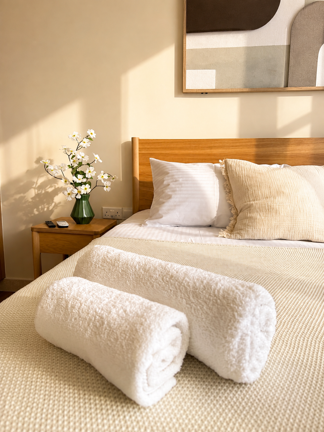 Fresh towels and bedside details at Avalon Gardens A202