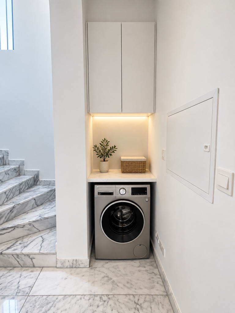Laundry area with washing machine and built-in storage at Harmony Residence Villa 12