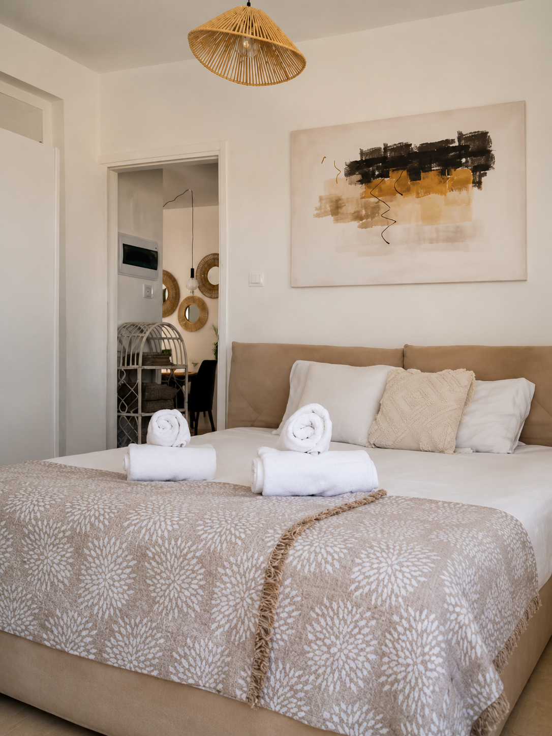 First double bedroom with fresh linen and towels at Pervolia 206 Apartment
