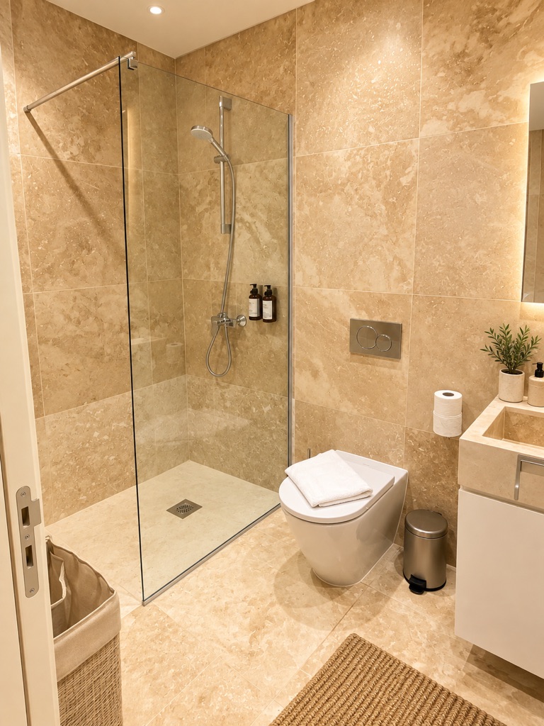 Modern bathroom with walk-in glass shower, WC and vanity at Avalon Gardens A001