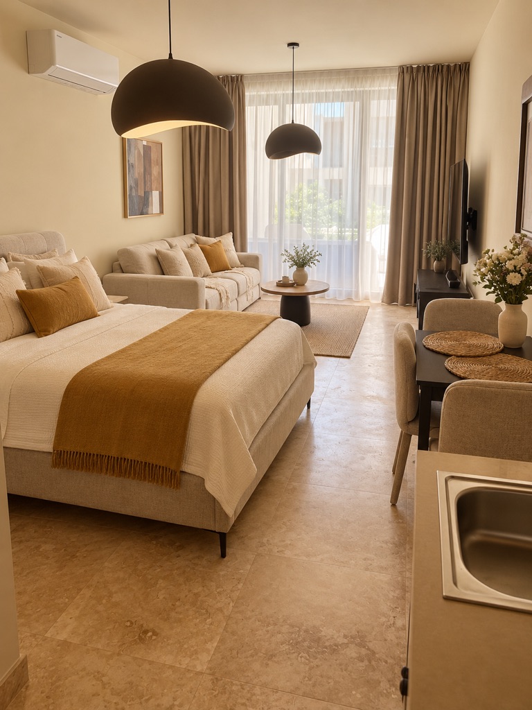 Bright studio view at Avalon Gardens A002 with dressed bed, sofa, dining table and terrace light