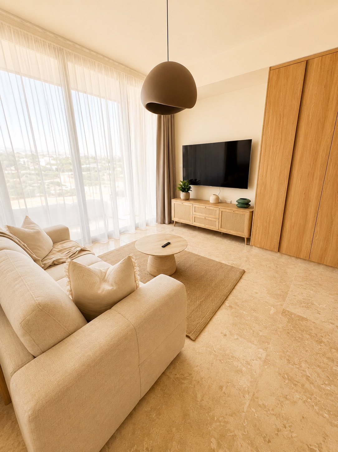 Bright living area with sofa and Smart TV at Avalon Gardens B201