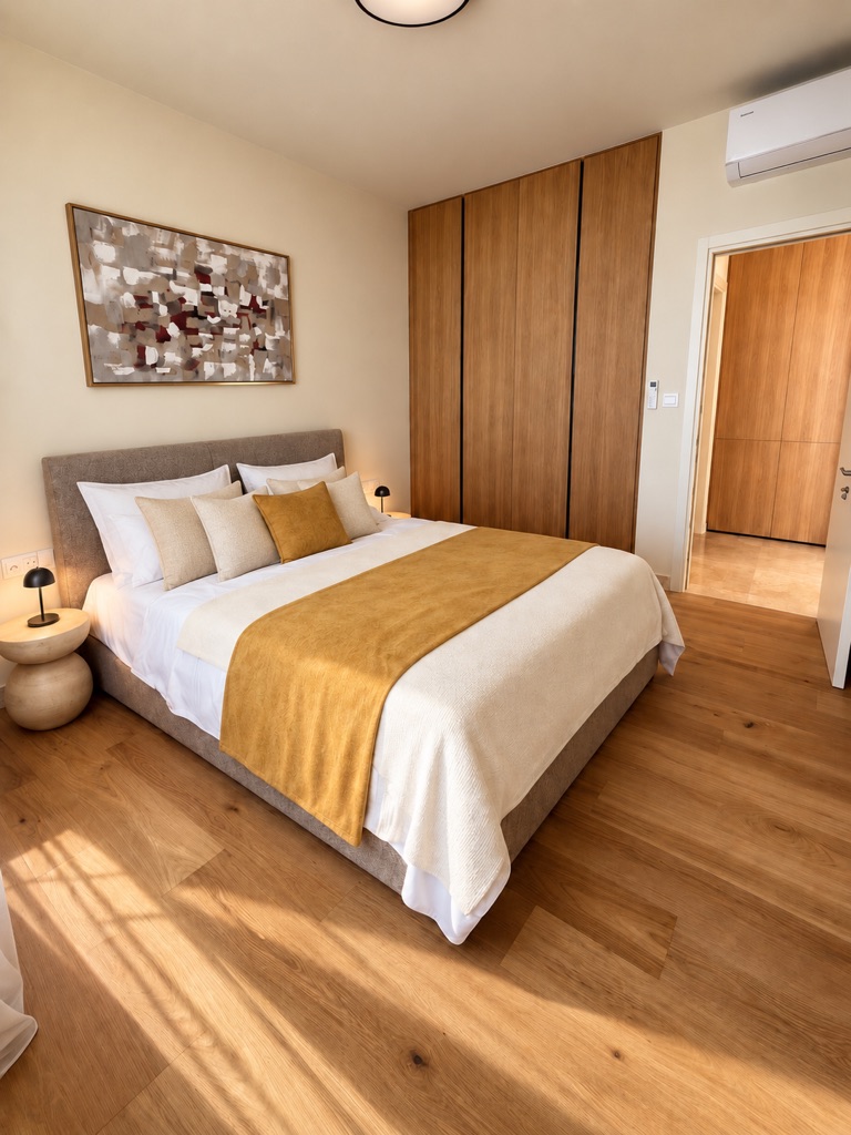 Separate bedroom with queen-size bed, built-in wooden wardrobes and air conditioning at Avalon Gardens A106