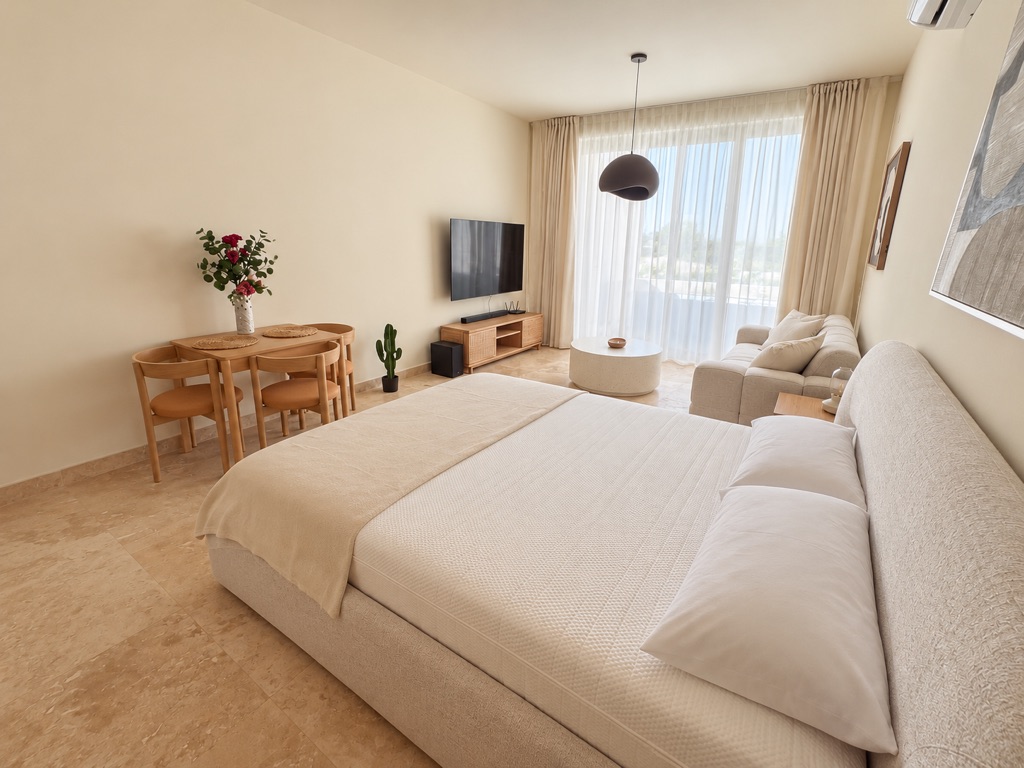 Avalon Gardens A007 wide studio overview with bed, dining table, TV and bright living area