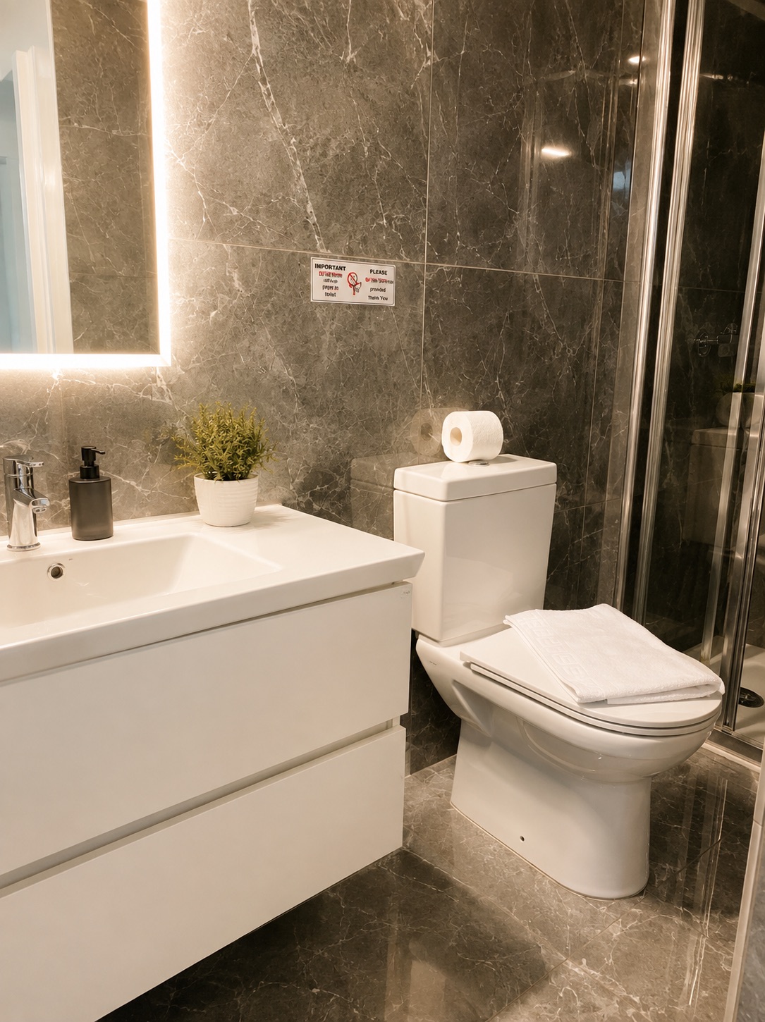 Modern bathroom with illuminated mirror and shower at SeaGarden Hideaway