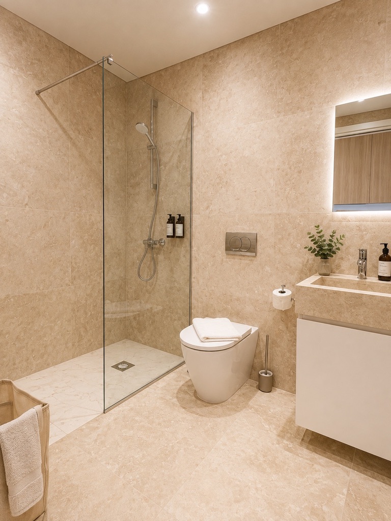 Modern bathroom with walk-in shower at Avalon Gardens A008