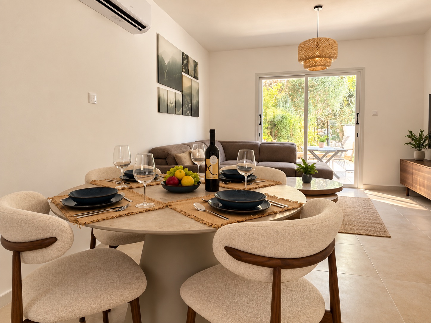 Open-plan dining and living area looking out to the terrace at Paradise Gardens Villa 30 in Paphos