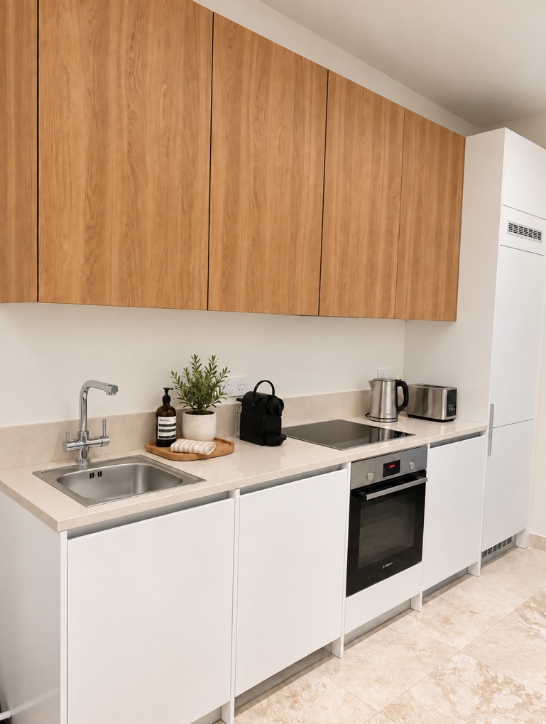 Fully equipped kitchen with wood cabinetry, sink, hob, oven, coffee machine, kettle and toaster at Avalon Gardens A001
