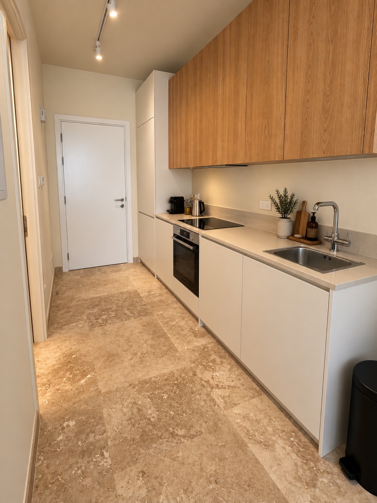 Avalon Gardens A007 kitchen with white and wood cabinetry, oven, hob and coffee equipment