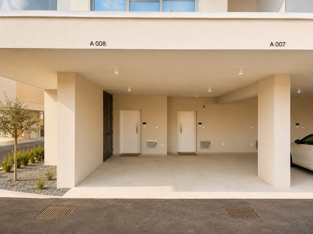 Covered allocated parking directly in front of the ground-floor A008 apartment entrance at Avalon Gardens