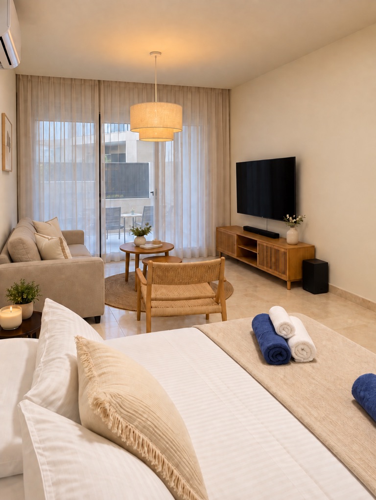 Open-plan sleeping and living area with terrace doors at Avalon Gardens A001