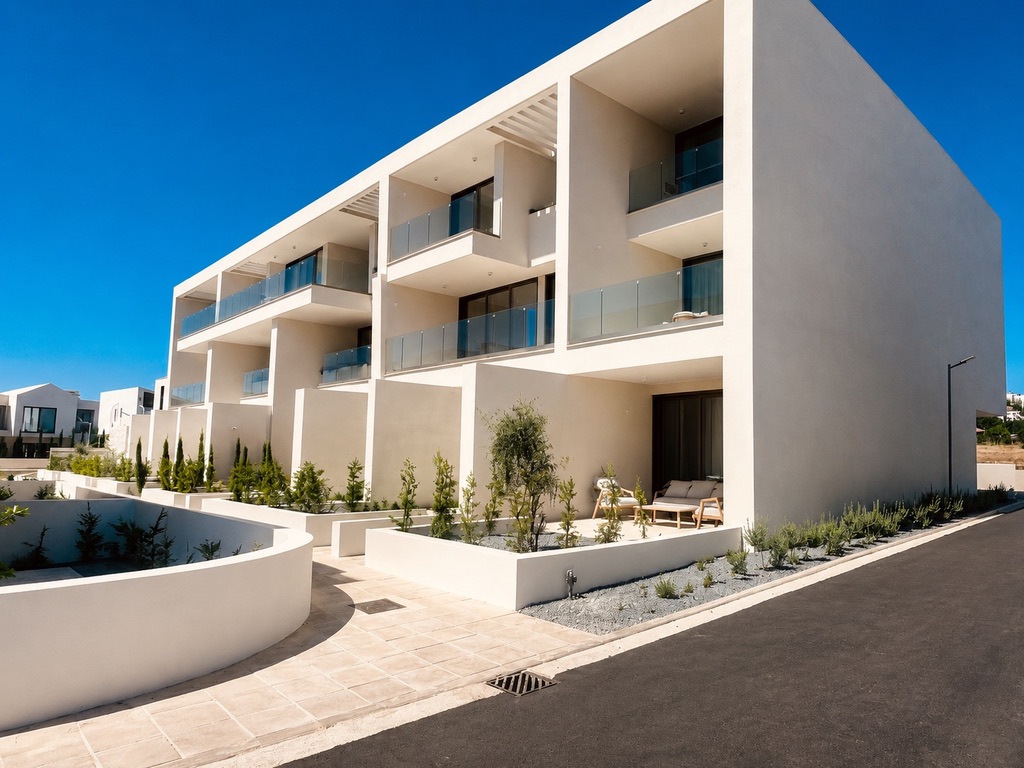 Modern Avalon Gardens residential block exterior in Empa, Paphos