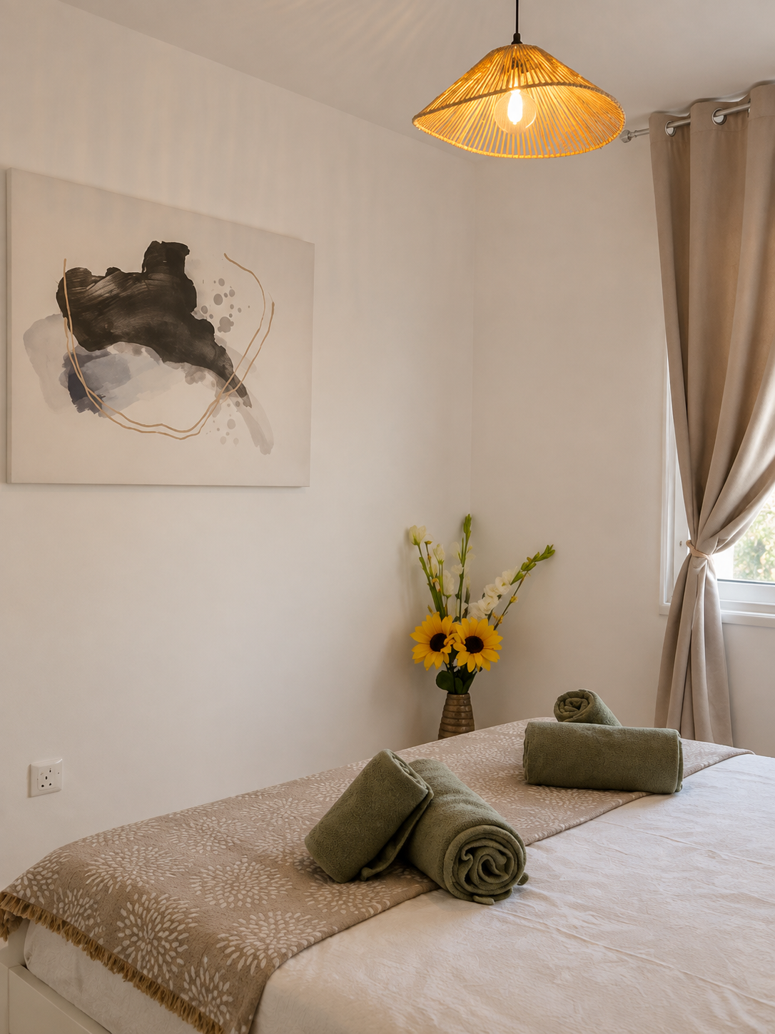 Bedroom detail with fresh towels at Pervolia 206 Apartment