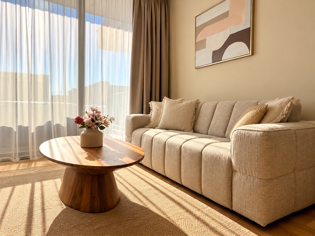 Living area with sofa, sheer curtains and balcony doors at Avalon Gardens A106