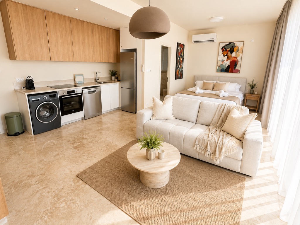 Open-plan studio with kitchen, sofa and queen bed at Avalon Gardens B201 in Paphos