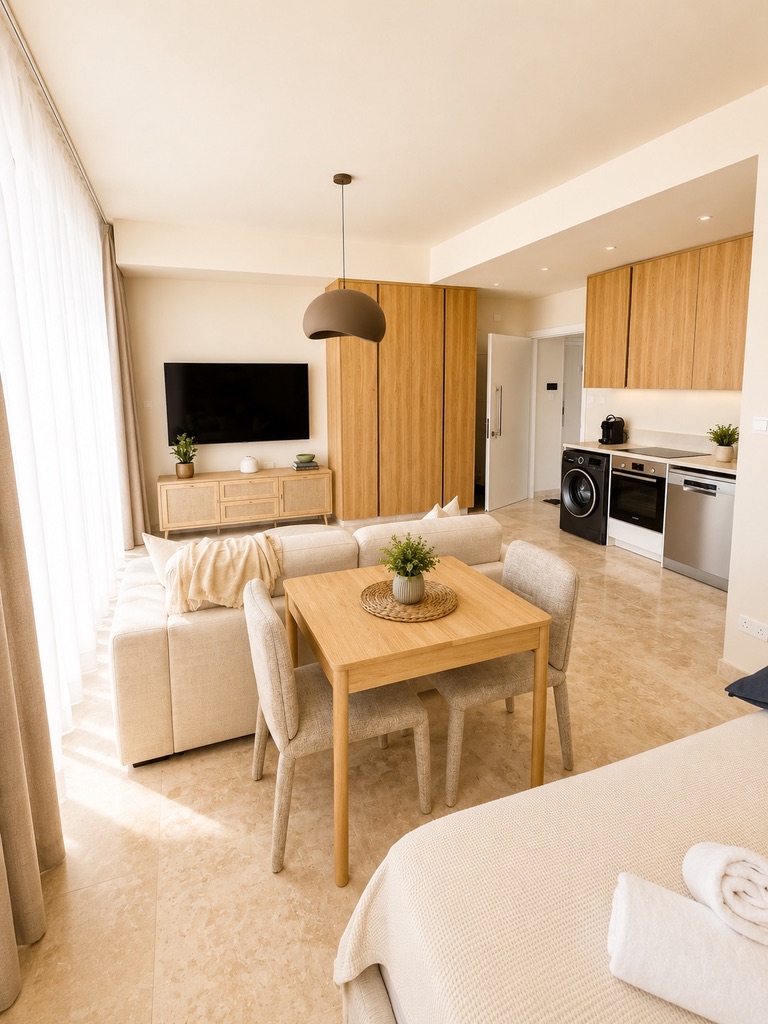 Dining table, living area and kitchen at Avalon Gardens B201