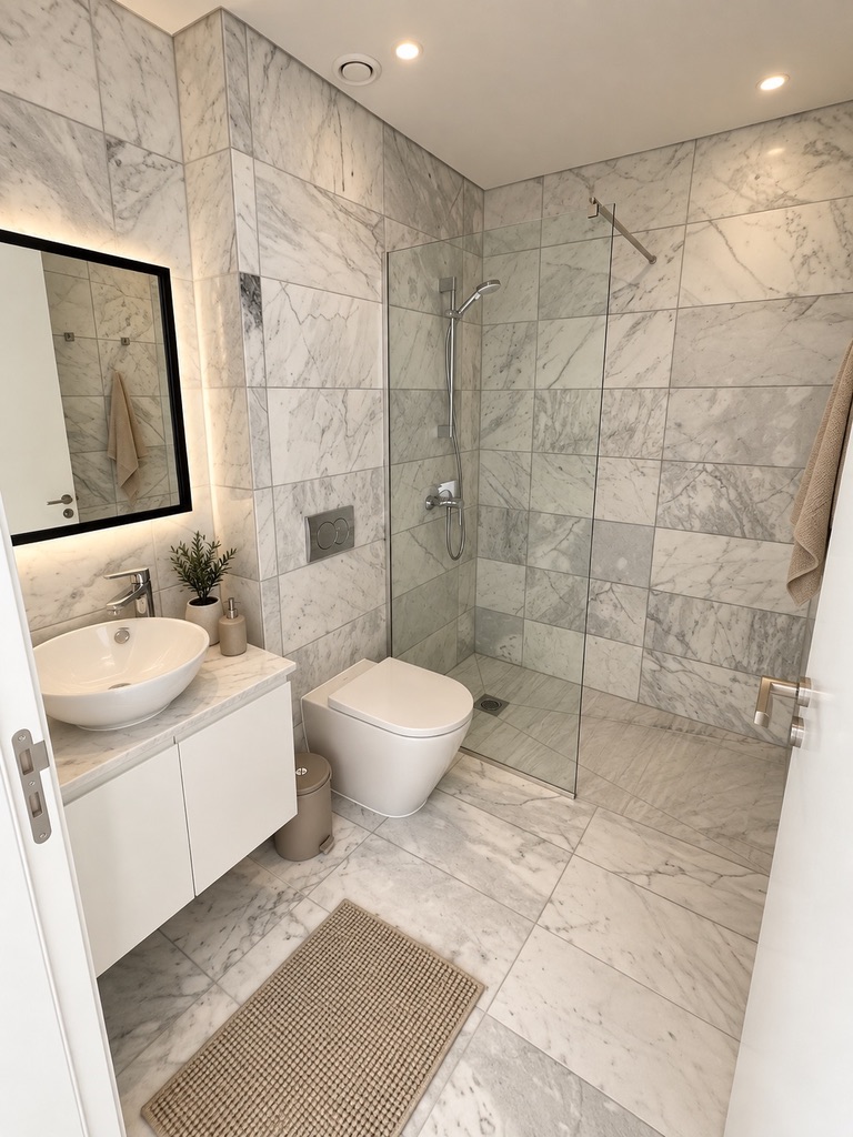 Marble bathroom with walk-in shower, WC and vanity at Stay City 301