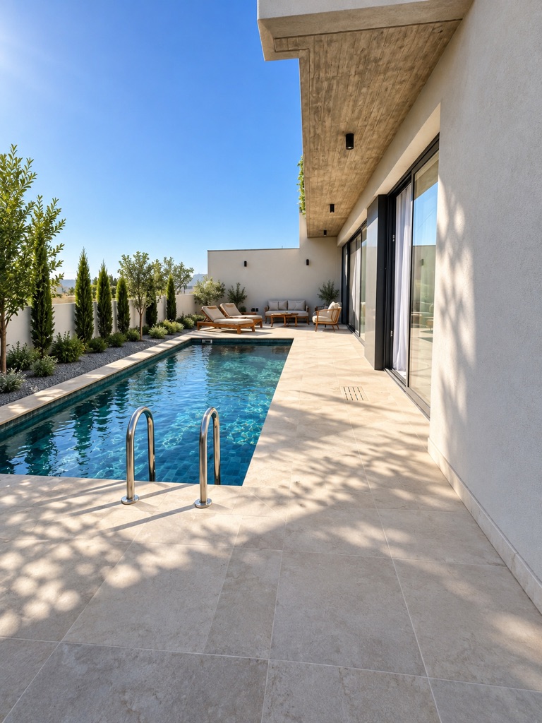 Long private swimming pool viewed from the terrace at Harmony Residence Villa 12