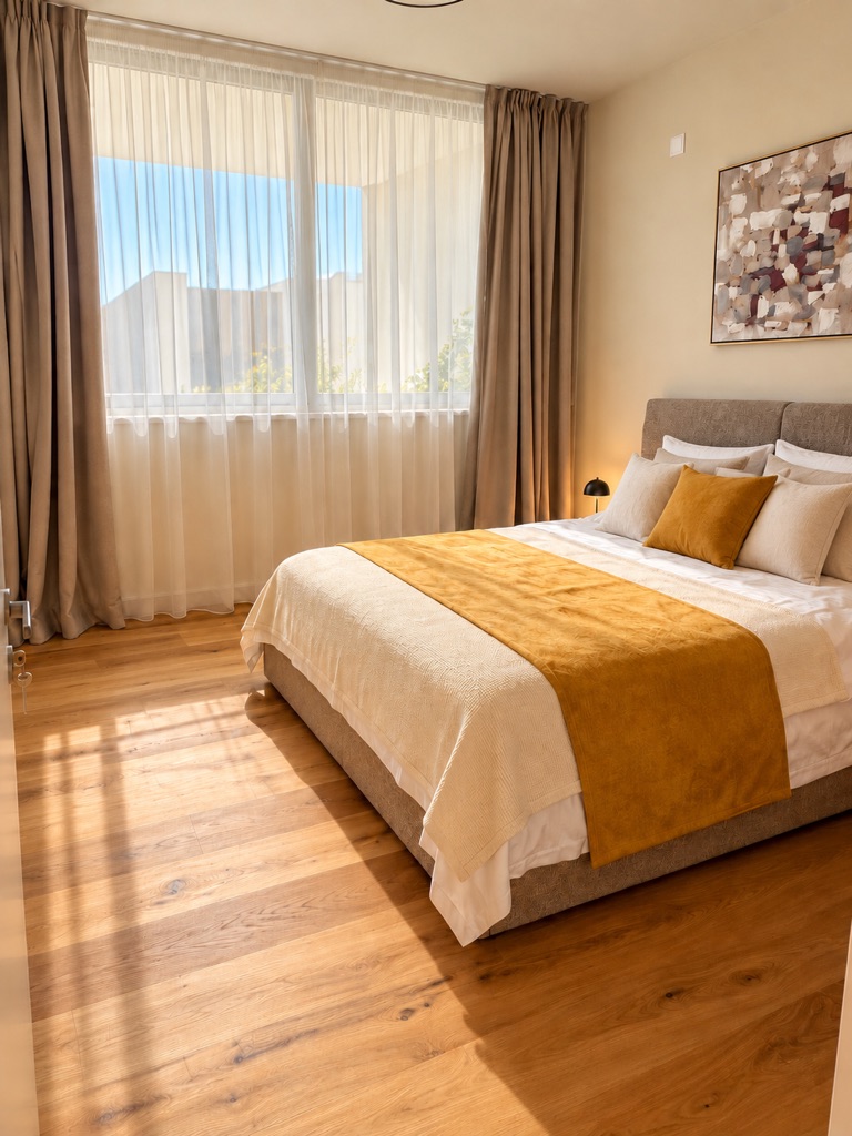 Queen-size bed with mustard throw beside a large window at Avalon Gardens A106