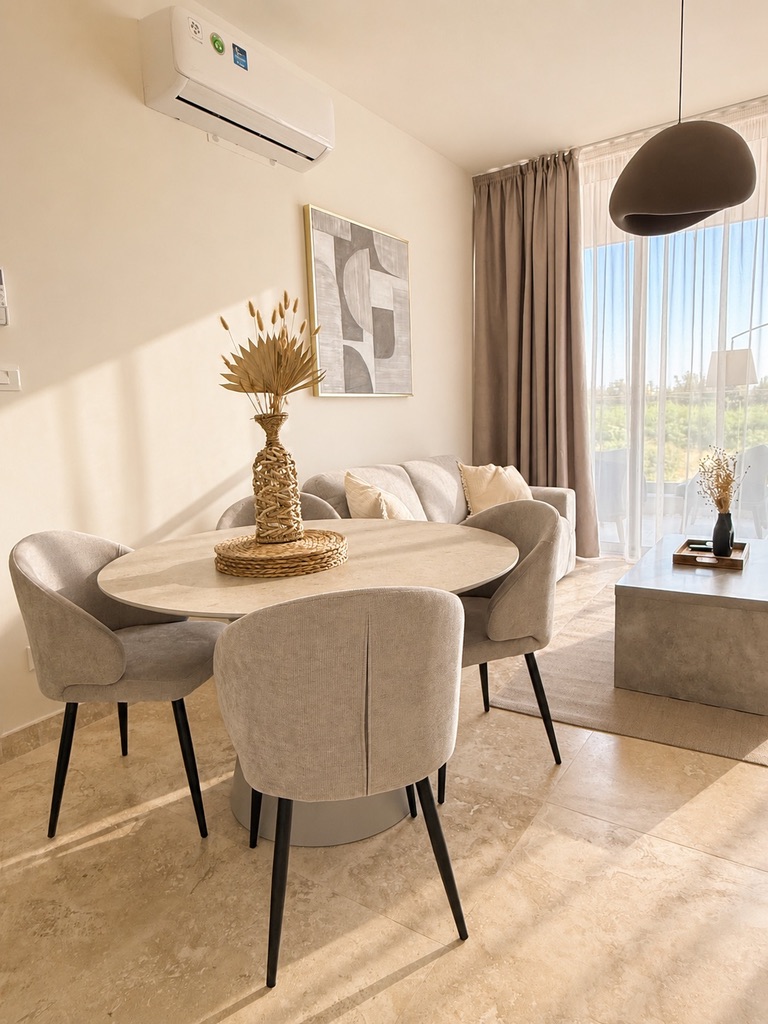 Bright open-plan dining and living area at Avalon Gardens B203