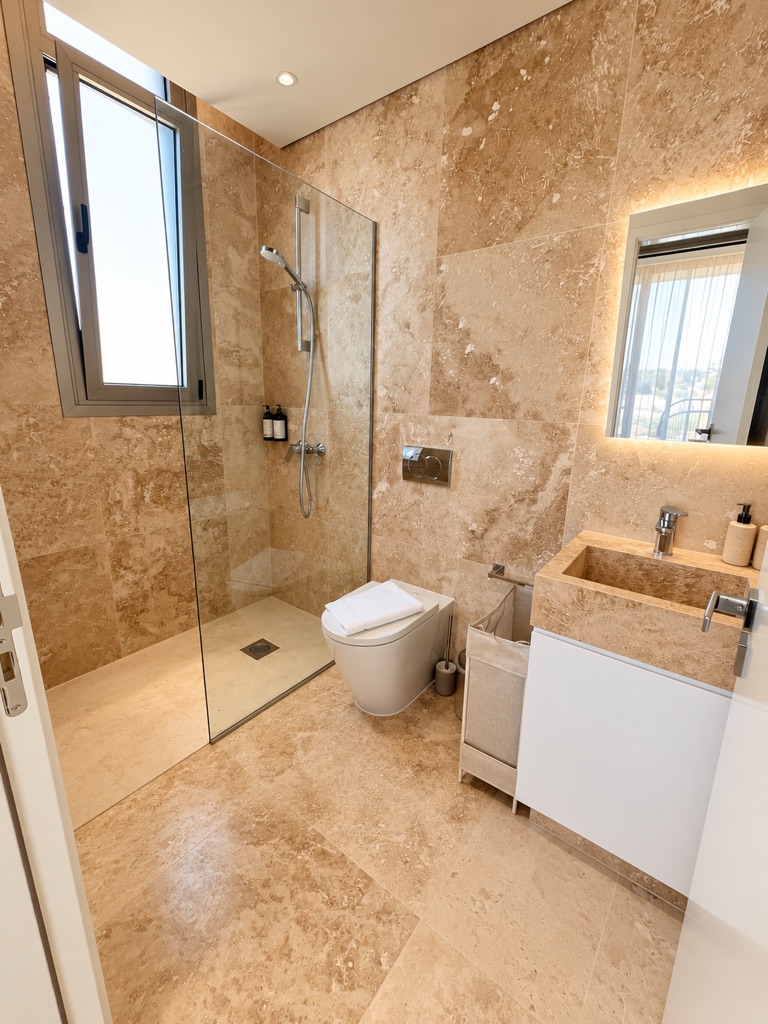 Avalon Gardens B102 bathroom with walk-in shower, WC and vanity